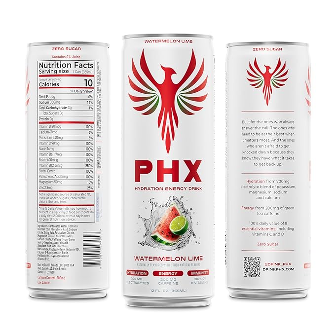 PHX Hydration Energy Drink - 700mg Electrolytes, 200mg Natural Green Tea Caffeine, 100% Daily Value 8 Essential Vitamins - 12 oz Cans (12 Pack) (12 Pack, Watermelon Lime)