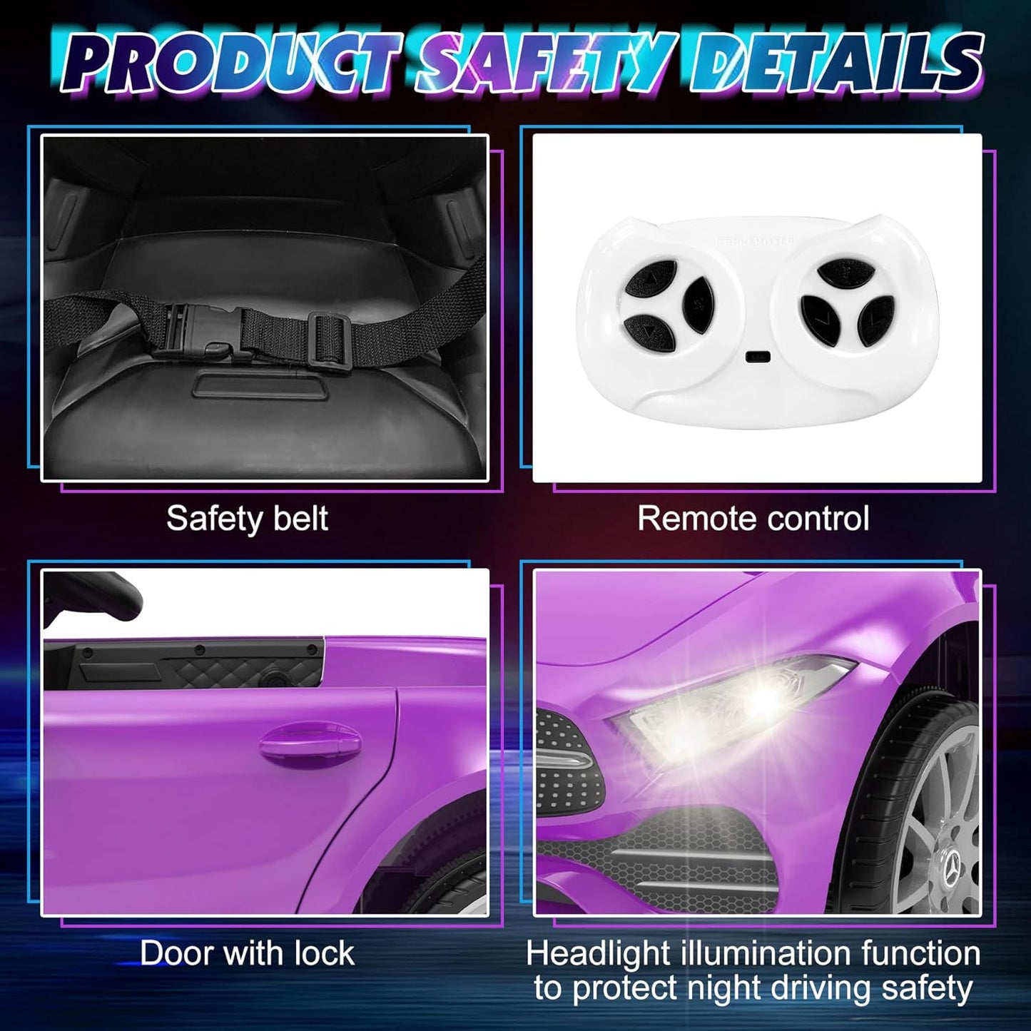 12V Kids Ride On Car with 2.4G Remote Control,Battery Powered Electric Car Ride On Vehicle Double Doors, 5 Point Safety Belt,LED Light (SC-Purple)