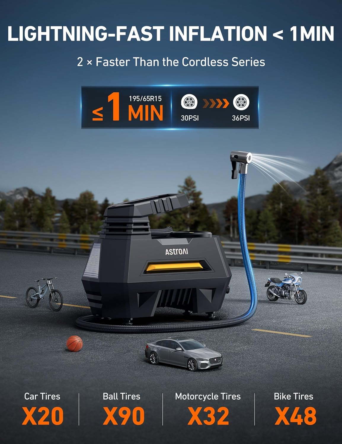 AstroAI Tire Inflator Portable Air Compressor Tire Air Pump for Car Tires - Car Accessories, 9.8Ft Cord 12V DC-Powered Auto Pump with Digital Pressure Gauge, LED Light for Bicycle, Balloons, Yellow