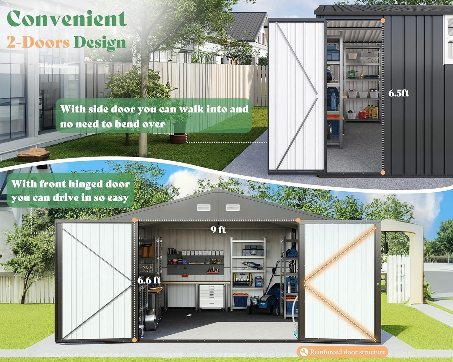 AMERLIFE 13.2x21x8.4 FT Outdoor Metal Garage Shed, Extra Large Storage Shed with Double Hinged Doors, 4 Windows, Carport for Car, Truck, Bike and Lawn Equipment, Dark Grey