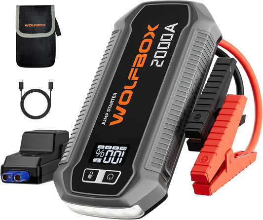 WOLFBOX 2000A Jump Starter, 12000mAh Battery Jumper Starter Portable with LED Display, 12V Car Battery Jump Starter Pack (7L Gas 6L Diesel Engine) with Booster, LED Light, Jumper Cables (NO Adapter)