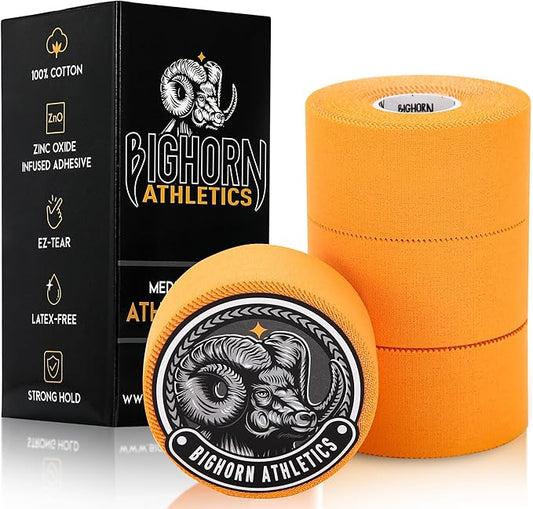 Bighorn Athletics Sports Tape | EZ-Tear Orange Athletic Tape for Wrist, Ankle & Foot Support | Zinc Oxide Infused & Latex-Free Adhesive, Breathable Cotton Fabric, 1.5-Inch x 45-Feet, 4 Rolls, Orange