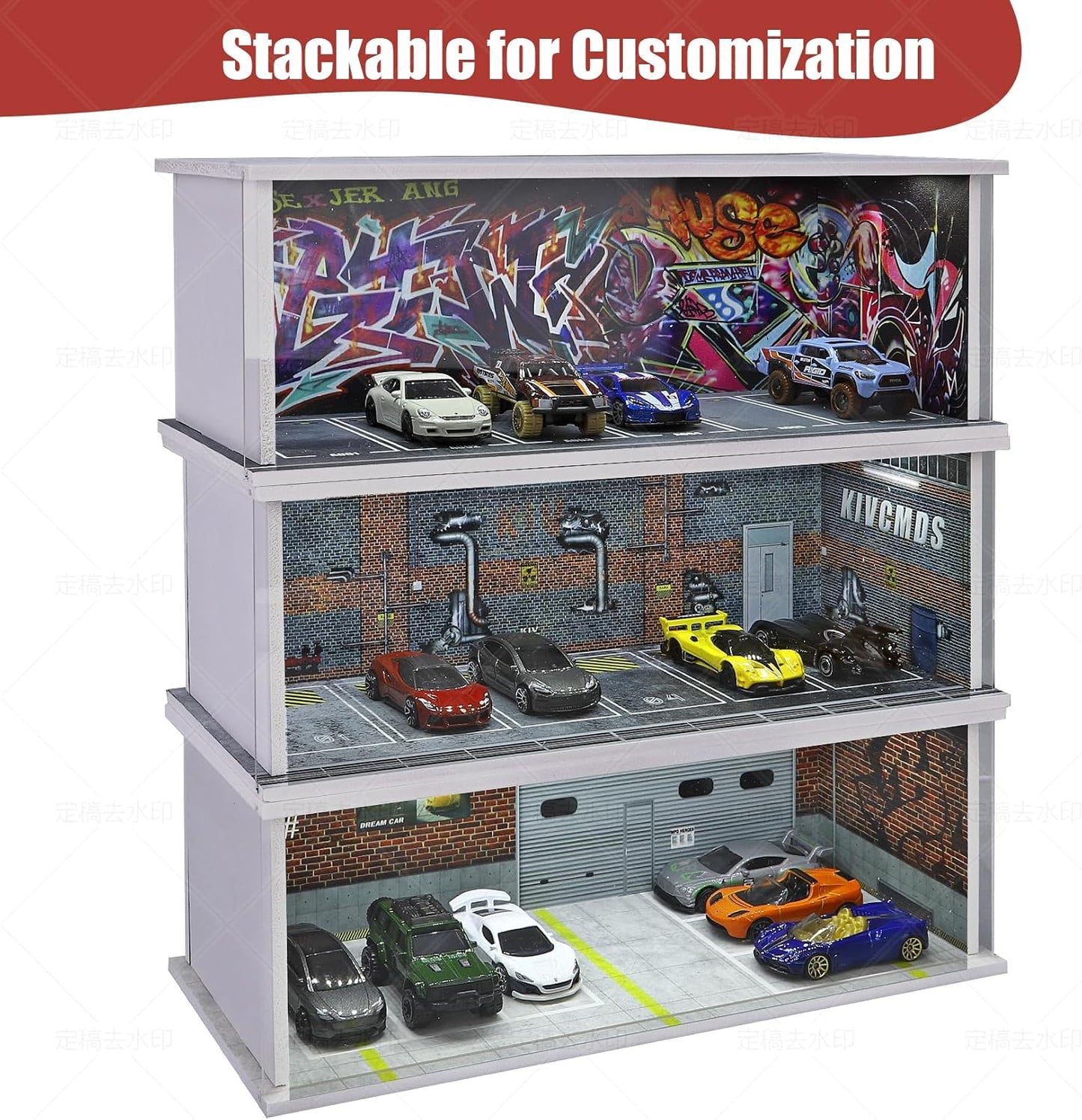 Display Case for Hot Wheels: Stackable Parking Garage for 1/64 Scale Matchbox Toy Car, FoamBoard Storage for Monster Trucks with LED Light and Acrylic Cover, Red Bricks