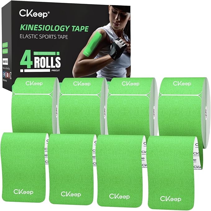 CKeep 4 Rolls Kinesiology Tape, Original Cotton Elastic Athletic Tape, 20 Precut 10" Strips Each, Green, Ideal for Muscle Support & Injury Prevention