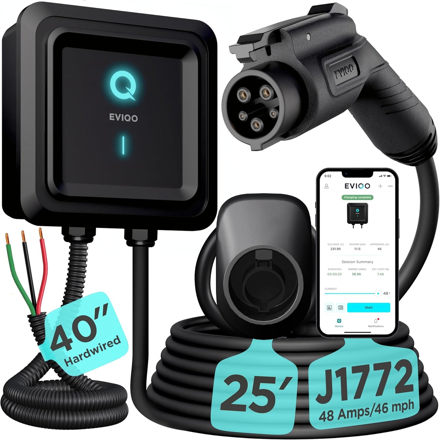 EVIQO EV Charger Level 2-48 Amp Level 2 EV Charger Hardwired, 240V Electric Vehicle Charging Stations, J1772 Chargers 11.5kW, Wall EV Chargers for Home, EVSE EV Charging Station 25' Cord