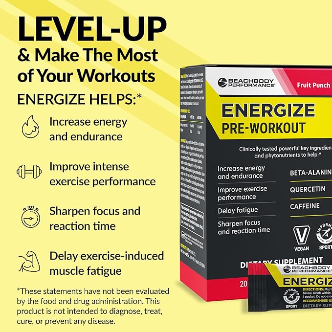 BODi Energize Pre Workout Powder - Beta-Alanine, Quercetin & Low-Dose Caffeine Formula for Enhanced Energy & Focus, Increase Energy & Endurance Supplement, Fruit Punch, 20 Sticks