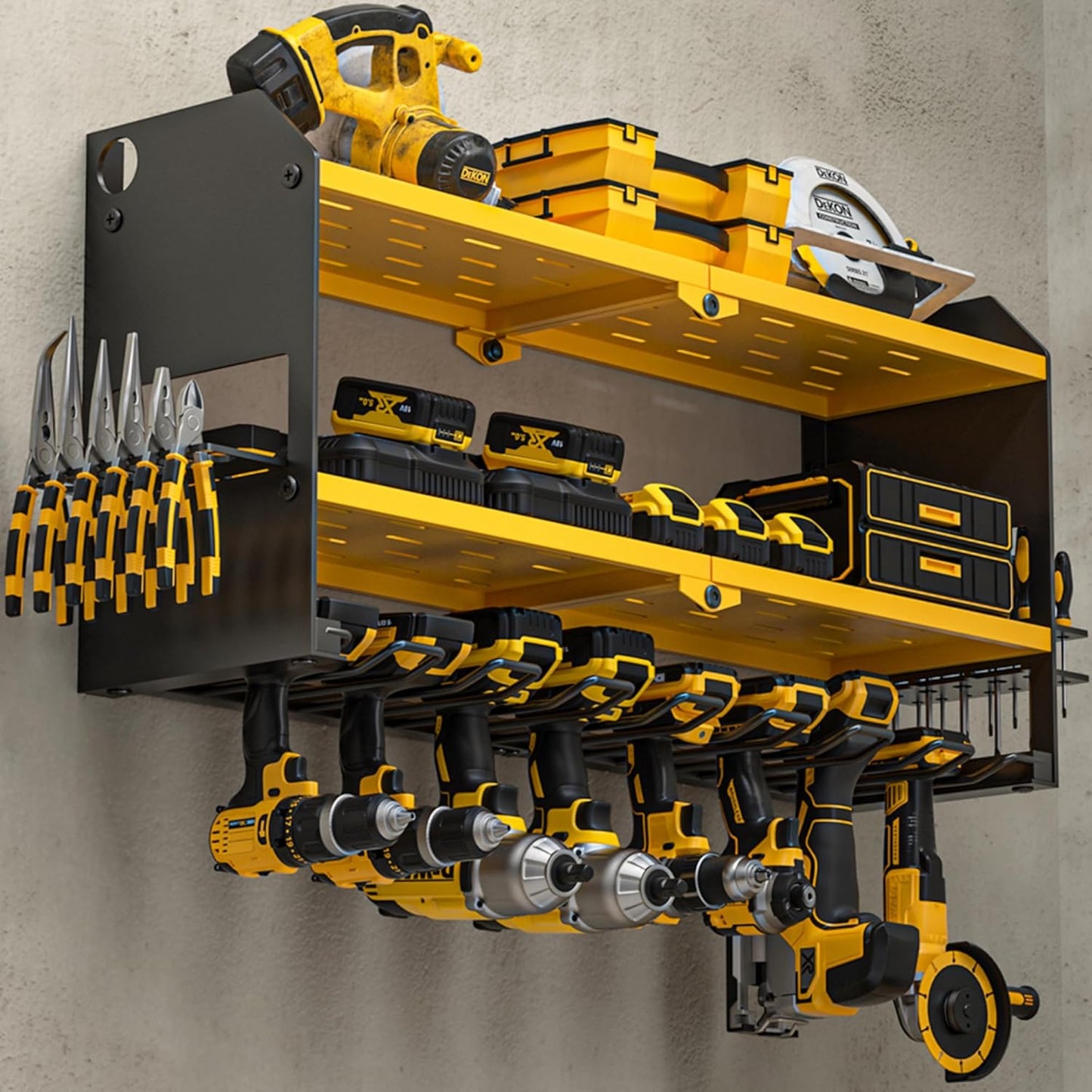 YYR Power Tool Organizer Wall Mount, Cordless Drill and Battery Holder, Electric Tools Hanger Storage Rack with Charging Station, Garage Organization Floating Shelf - Made of Heavy Duty Metal, Yellow