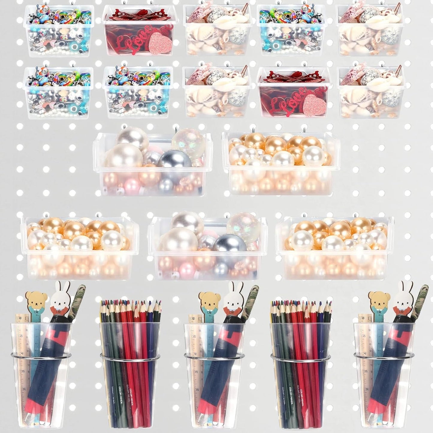 Yookeer 20 Pcs Pegboard Bins and Cups with Hooks and Loops Peg Assortment Organizer Accessories Various Tool Organizer Pegboard Baskets Set for Garage Workshop Workbench Office(Clear)