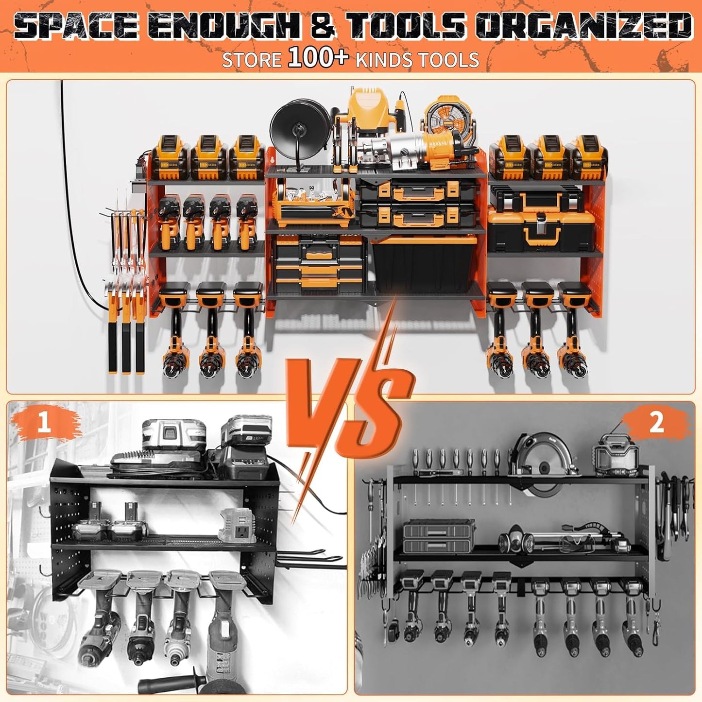 45" Large Power Tool Organizer Wall Mount with Charging Station - 3 Layer Storage Racks with 8 Cordless Drill Holder, 4 Hooks, Heavy Duty Garage Tool Organizer Storage for Workshop Pegboard Basement