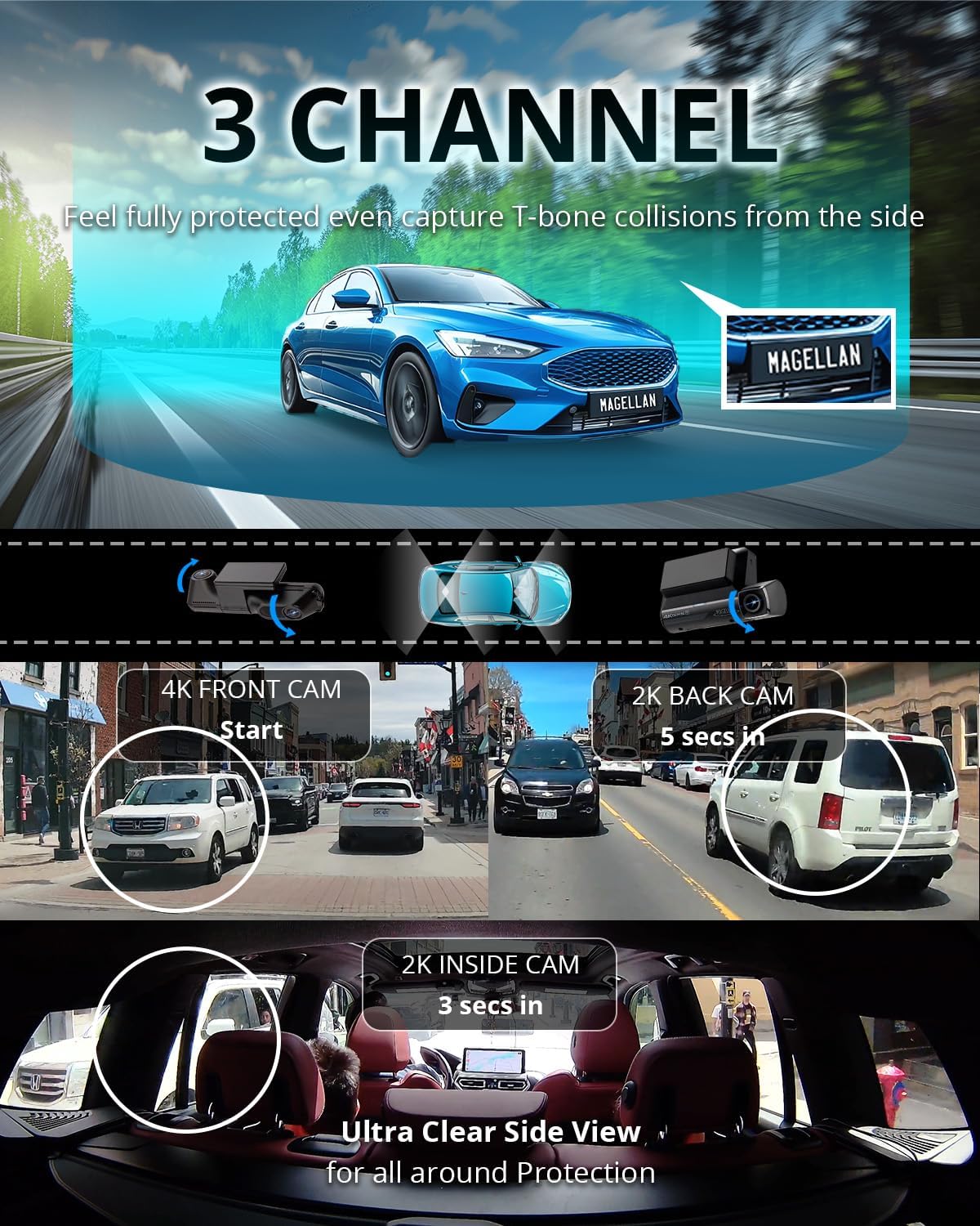 MAGELLAN 3 Channel 4K Dash Cam for Cars, 4K Front + 2K Wide Angle(170°) + 2K Rear, Fatigue Alert, Ultra-Precise GPS, STARVIS 2 IMX678, Wi-Fi, App Control, Parking Mode, 64GB Card Included (DR50)