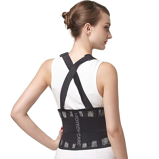 NeoTech Care Back Brace with Suspenders/Shoulder Straps - Light & Breathable - Lumbar Support Belt for Lower Back Pain - Posture, Work, Gym - Black Color (Size XL)