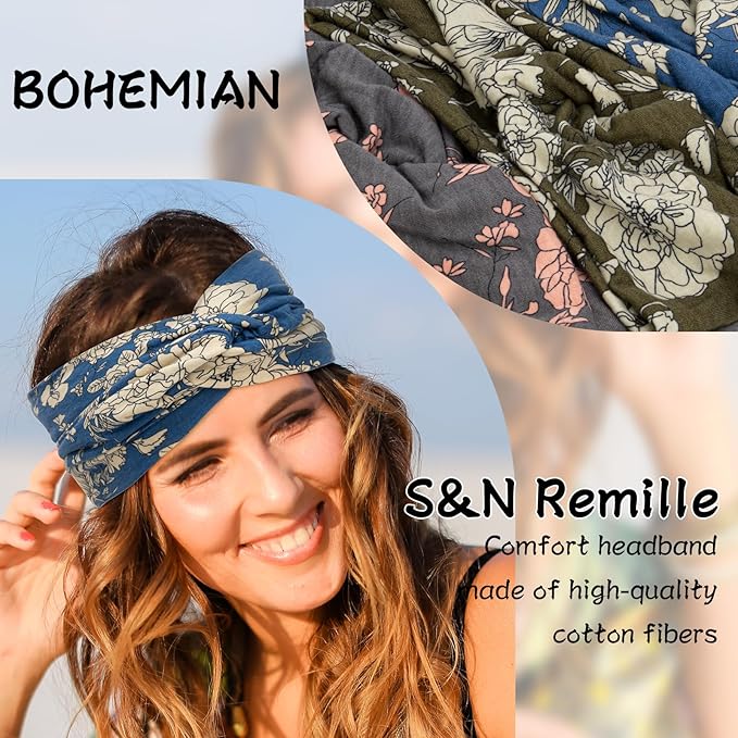 S&N Remille Wide Headbands for Women, Large Hairband, Elastic Non-Slip Headband Twist Knotted Accessories, Yoga Workout Vintage Hair 3 Pack (Colour-2)