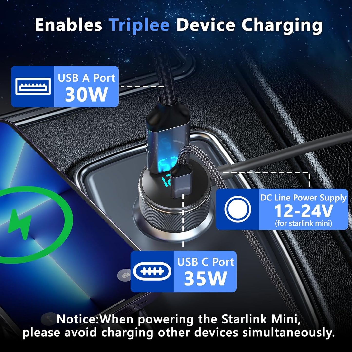 3-in-1 Starlink Mini Cable, Car Charger with Digital Display | 40W USB-C PD & 35W USB-A Ports | All-Weather Shielded Cable for RV, Truck, Boat (12V-48V) (9.8ft)