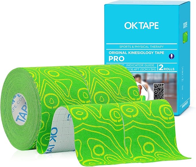 OK TAPE PRO Kinesiology Tape Uncut Roll, Elastic Physical Therapy Athletic Tape for Pain Relief, Muscle Support, Kinetic Tape, Water Resistant, 2in X 16.4ft -Green 2 Rolls