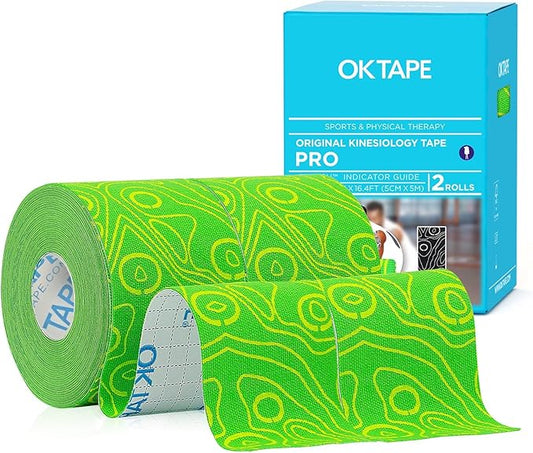 OK TAPE PRO Kinesiology Tape Uncut Roll, Elastic Physical Therapy Athletic Tape for Pain Relief, Muscle Support, Kinetic Tape, Water Resistant, 2in X 16.4ft -Green 2 Rolls