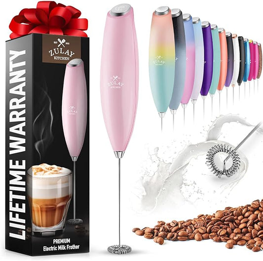 Zulay Powerful Milk Frother for Coffee with Upgraded Titanium Motor - Handheld Frother Electric Whisk, Milk Foamer, Mini Mixer and Coffee Blender Frother for Frappe, Latte, Matcha, No Stand - Pink
