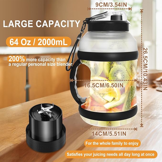 Portable Blender for Shakes and Smoothies 64oz Rechargeable Bottle Blender portable blender with Type-C Rechargeable on the go with Dual-Lid for Outdoor Travel Gym Party (Black)