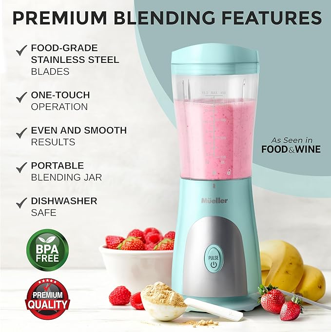 Mueller Personal Blender for Shakes and Smoothies with 15 Oz Travel Cup and Lid, Juices, Baby Food, Heavy-Duty Portable Blender & Food Processor, Turquoise
