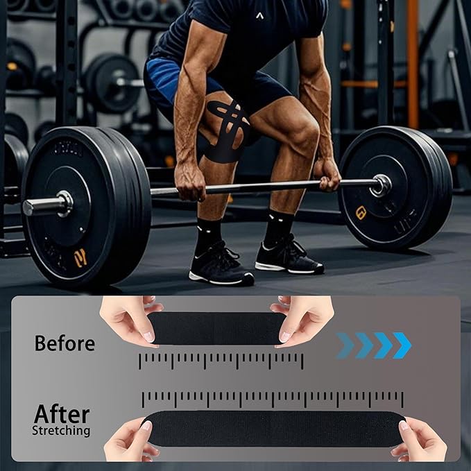 Precut Kinesiology Tape for Knees,12 Pcs – Elastic Knee Support & Stability, Pain Relief – Waterproof, Breathable, Hypoallergenic Athletic Tape (Black)