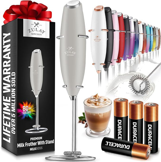 Zulay Powerful Milk Frother (4 Duracell Batteries Included) - Handheld Milk Frother Wand Drink Mixer for Coffee - Powerful Milk Foamer for Cappuccino, Frappe, Matcha & Coffee Creamer - Gray