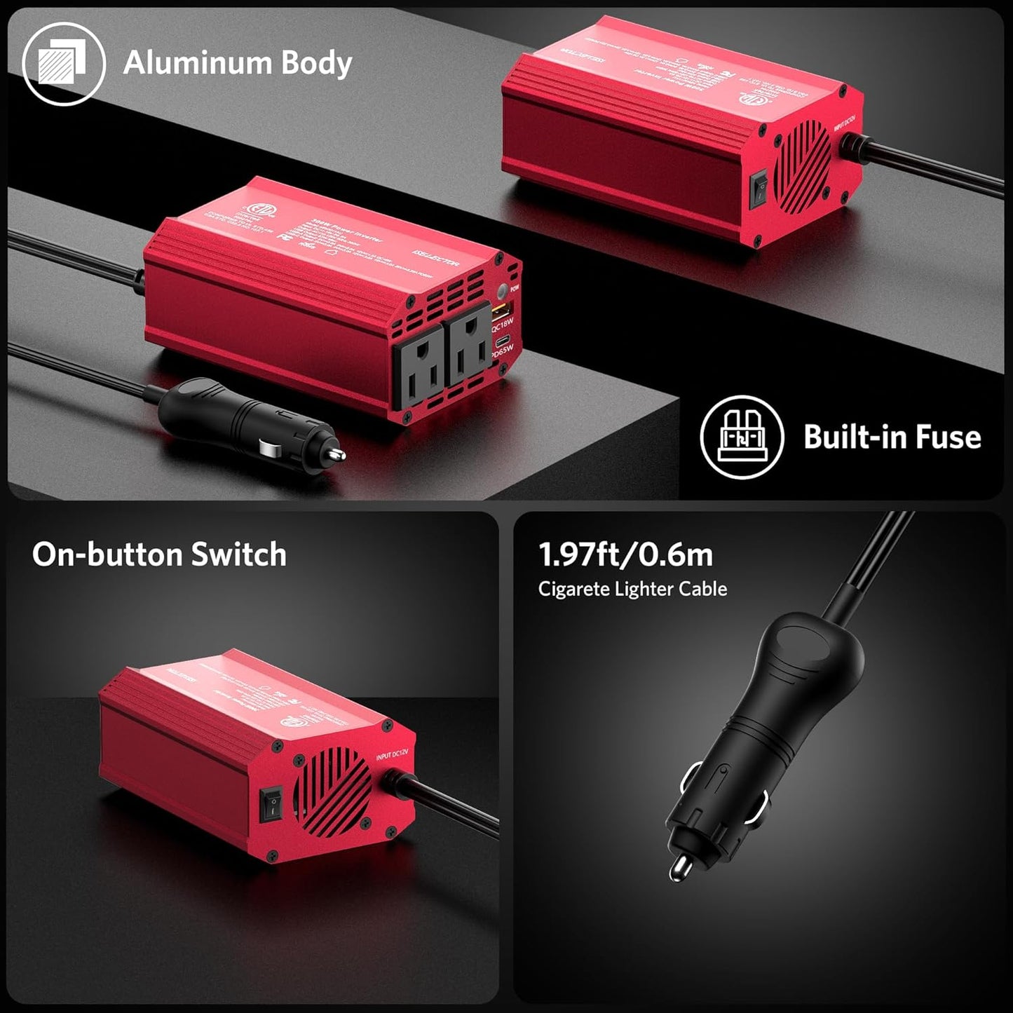 300W Car Power Inverter, USB-C PD65W QC 18W Converter Car Charger, DC 12V to 110V for Vehicles, Power Adapter for Car Charging