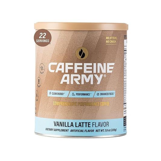 CAFFEINE ARMY Vanilla Latte | Comprehensive Functional Coffee with MCTs, CoQ10, Collagen and Adaptogens: Clean Energy + Supports Daily Attention, No Jitters or Crash (7.8 oz 22 Servings)