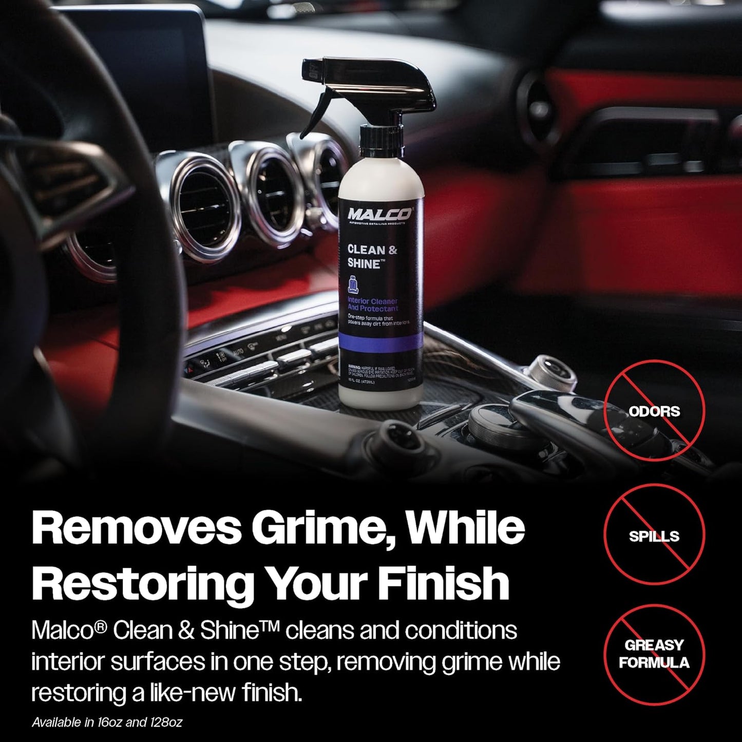 Malco Clean & Shine Interior Car Cleaner and Dressing – Restore Leather, Plastic and Vinyl Surfaces in Your Vehicle/Clean, Condition and Protect in 1 Simple Step / 16 oz. (125916)