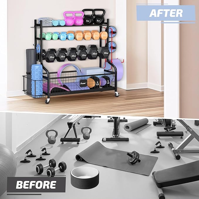 PLKOW Dumbbell Rack, Weight Rack for Dumbbells, Home Gym Storage for Dumbbells Kettlebells Yoga Mat and Balls, All in One Workout Storage with Wheels and Hooks, Powder Coated Finish Steel