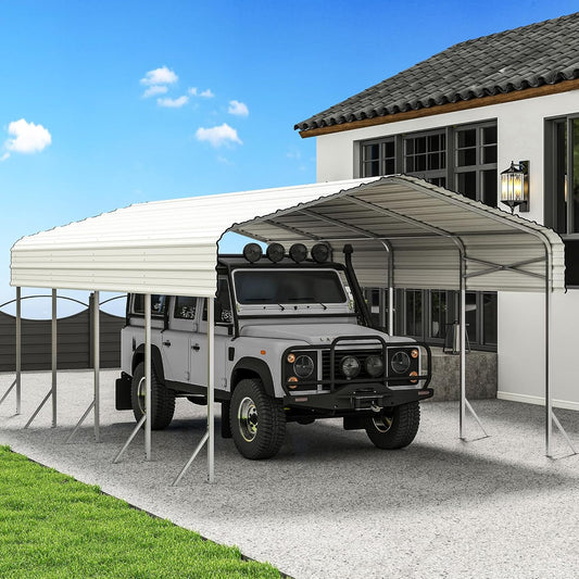 12x20' Heavy Duty Metal Carport – Sturdy Structure, All-Weather Protection, Easy Assembly for Cars, Trucks, Boats, Tractors, and Outdoor Storage (White, 12x20FT)