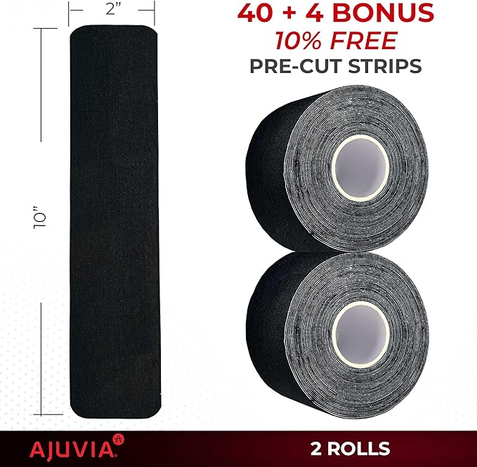 AJUVIA Synthetic Kinesiology Tape, 2 Rolls, 10% Bonus, 40 + 4 Precut Strips, Lasts up to 14 Days, Hypoallergenic and Waterproof K Tape for Muscle Pain Relief and Joint Support