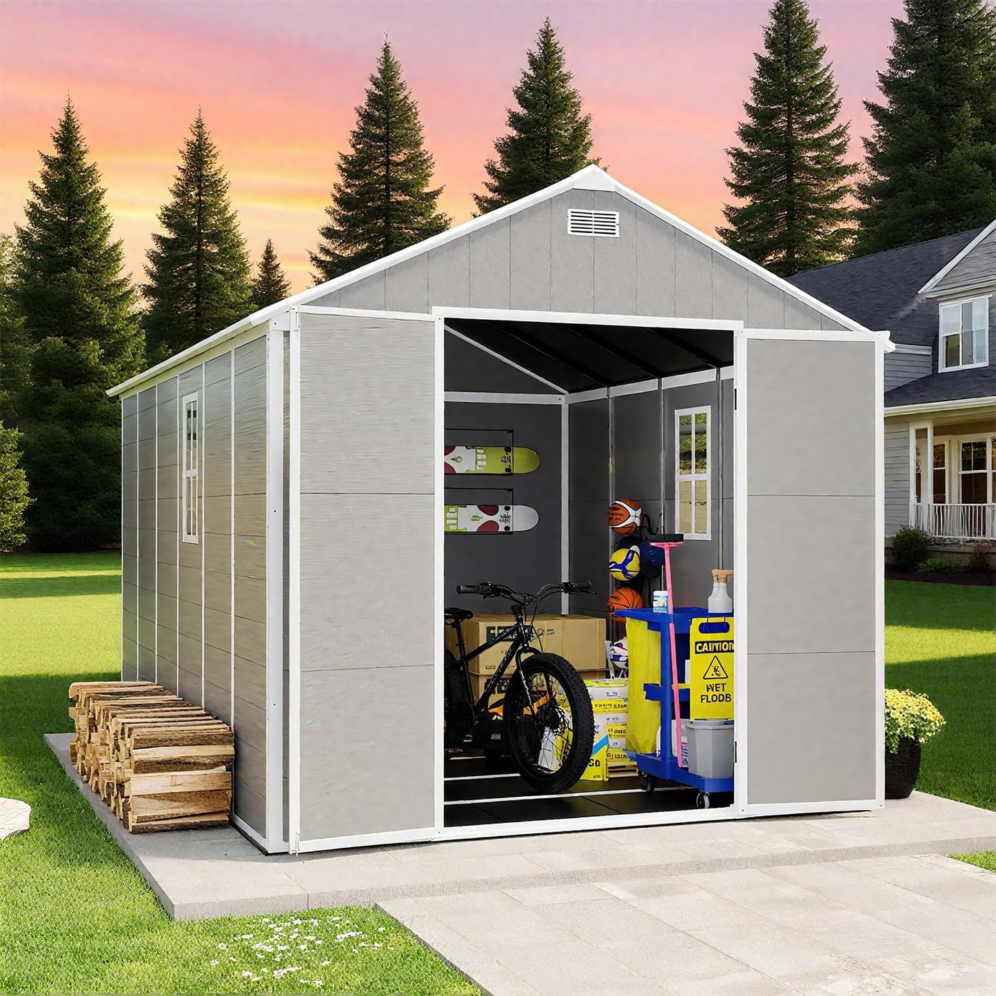 8x10 FT Outdoor Storage Resin Shed with Floor,Waterproof Plastic Garden Bike Shed with Lockable Door, Sloped Roof, Vents & Windows, Easy Assembly Tool Shed for Lawn, Backyard, Patio, Grey