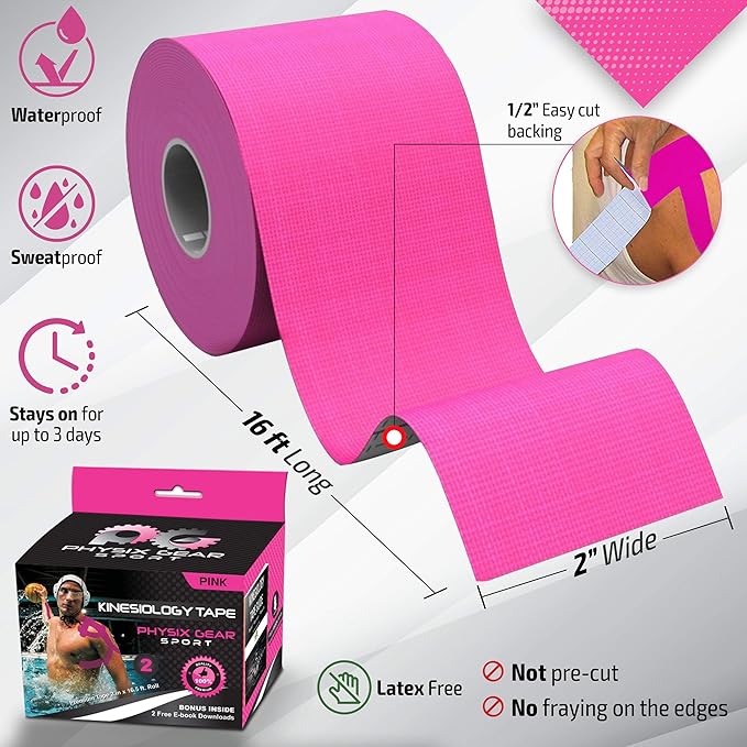 Physix Gear Cotton Kinesiology Tape Roll 16ft, Latex-Free Athletic Tape for Muscles/Joints, Waterproof Kinesiolgy, Stretchy Kinesiologytape, Gentle on Skin Kiniseaology Tape, Kinesology Tape