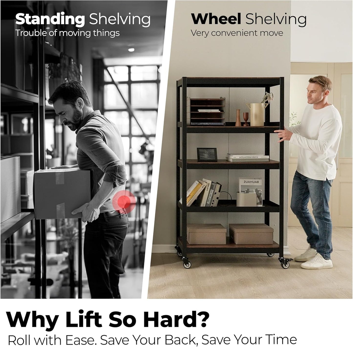 HOMEDANT House 5-Tier Metal Rolling Cart Shelf Rack Casters Heavy Duty Laminated Wheel Shelving Unit Adjustable Utility Storage Shelves Organizer Shelf Kitchen Garage 36.2" W x 16.5" D x 69.5" H 4Pack