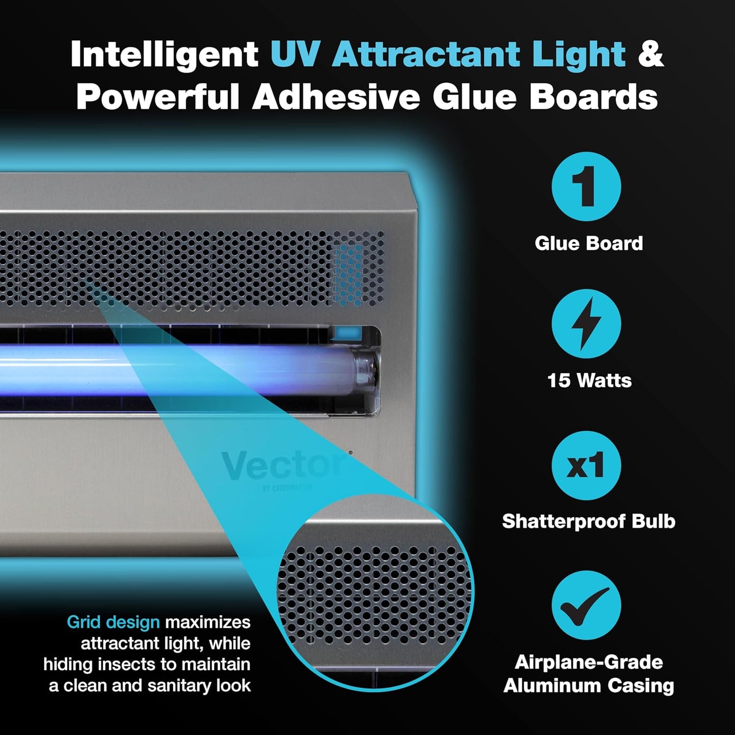 Catchmaster Vector 15, UV Light Fly Traps Indoor for Home, Electric Gnat Traps for House Indoor, Shatterproof Bulbs UV Lamp Fly, Insect & Mosquito Killer, Silent Bug Light for Kitchen, Shed, Garage