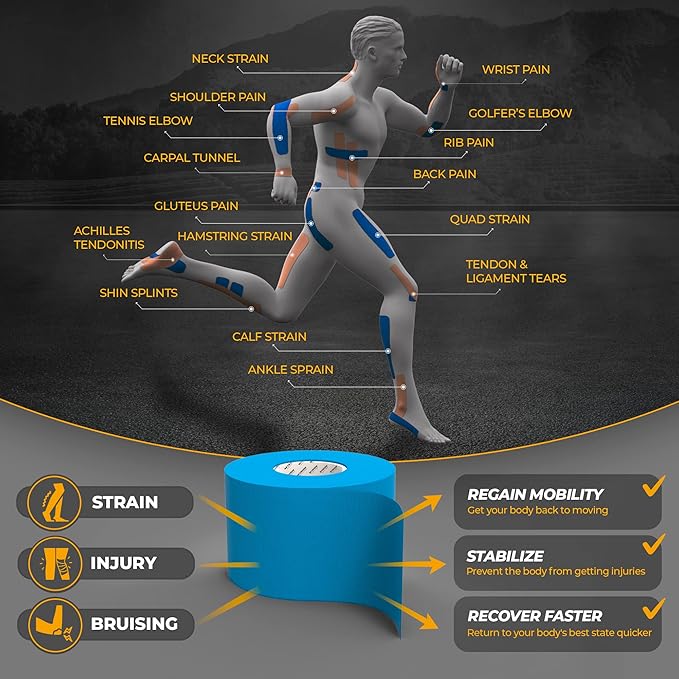 Kinesiology Tape-Incredible Support for Athletic Sports and Recovery + Free Taping Guide-Uncut 2 inch 32 feet Roll (Electric Blue + Free Taping Guide, Pack of 1)