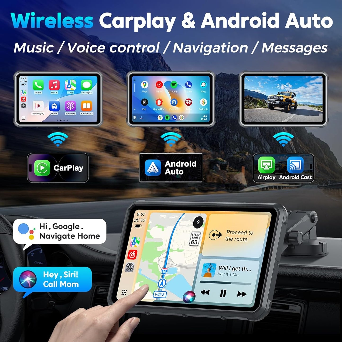 Portable Apple Carplay Screen for Car, 8" Wireless Android Auto Screen with 4K Dash Cam & 1080P Backup Camera, Secure Strong Bracket, Navigation, Bluetooth, Mirror Link, Fits All Vehicles