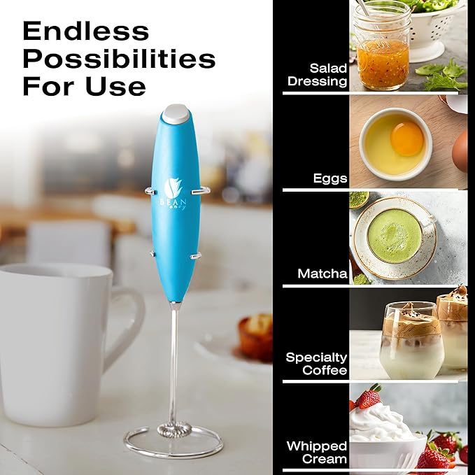 Bean Envy Milk Frother Handheld for Coffee - Electric Hand Blender, Mini Drink Mixer Whisk & Coffee Foamer Wand with Stand for Lattes, Cappuccino, Matcha and Hot Chocolate - Kitchen Gifts - Light Blue