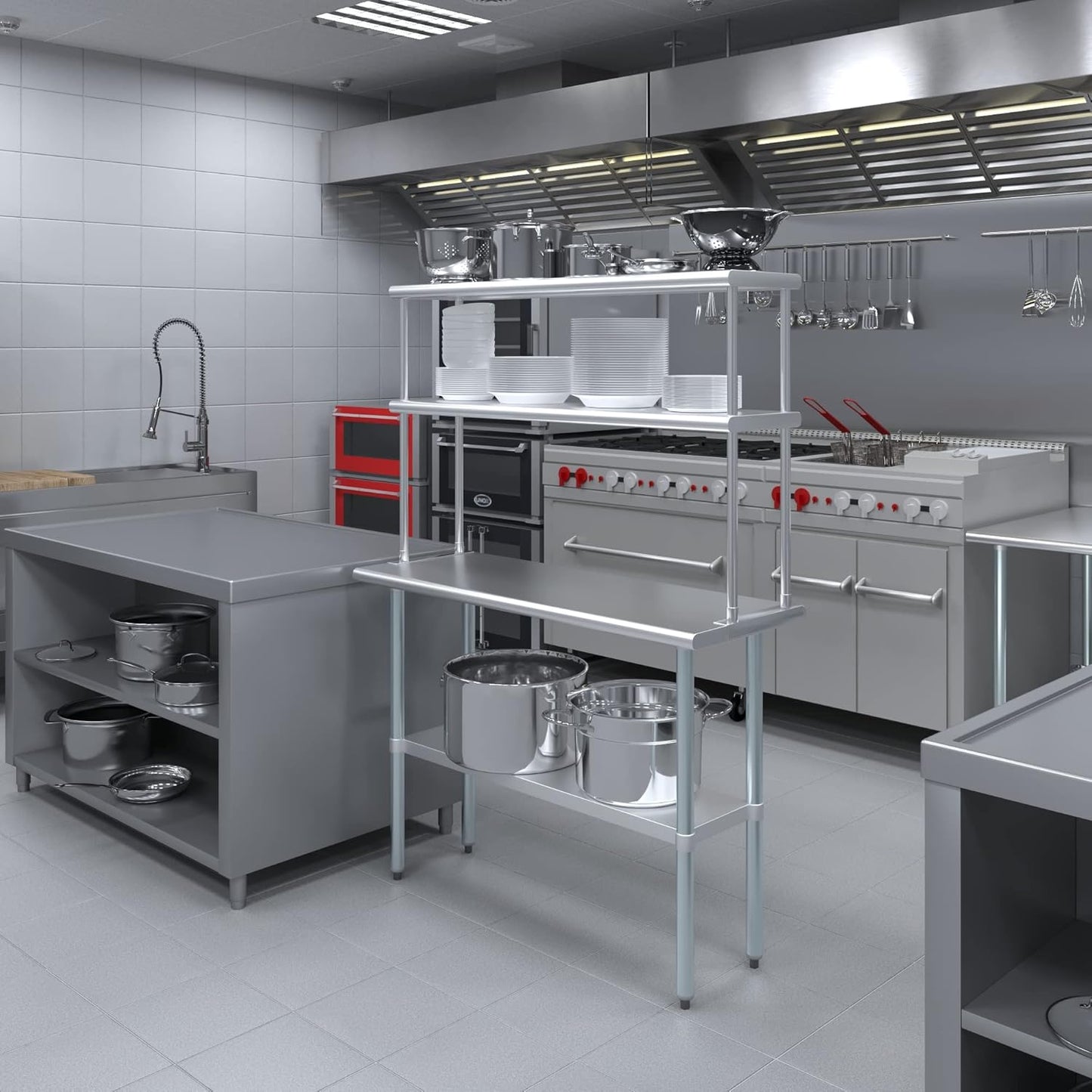 Amgood Stainless Steel Work Table Double Tier Overshelf 18" x 48" Work Table + 12" Overshelf