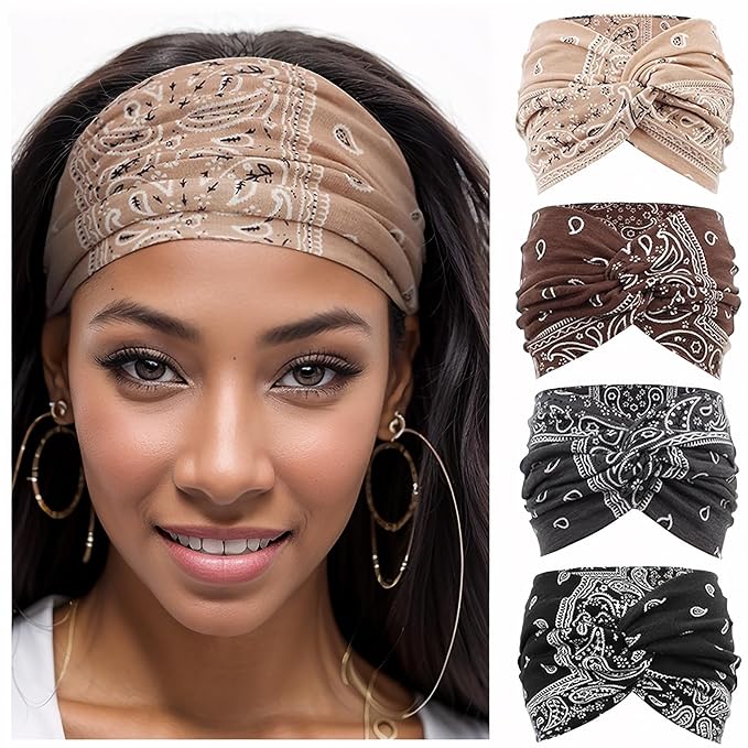 Wide Headbands for Women Yoga Running Sports Headhand Bandana Boho Non Slip Sweat Head Bands Accessories 4 Pack