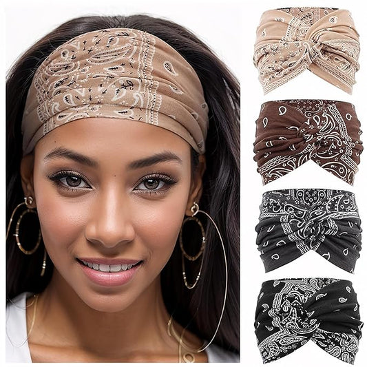 Wide Headbands for Women Yoga Running Sports Headhand Bandana Boho Non Slip Sweat Head Bands Accessories 4 Pack