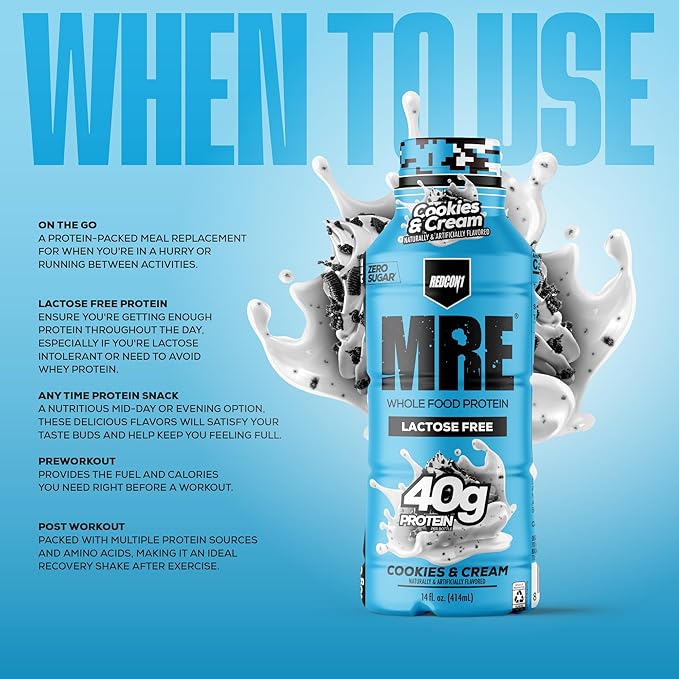REDCON1 MRE Ready to Drink Protein Shake, Cookies & Cream - Lactose + Whey Free RTD 40gr Protein Made with Real Whole Food Protein Blends - Keto-Friendly and Easy to Digest Nutritional Shake (12 Pack)