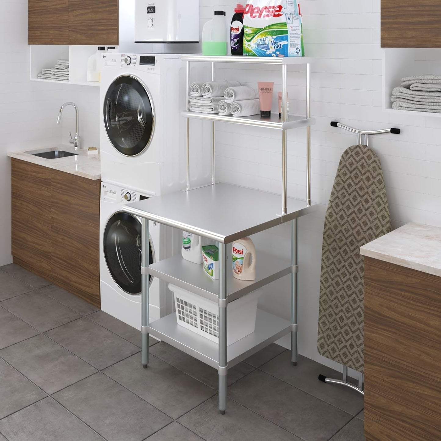 Amgood Stainless Steel Work Table with 2 Shelves | Metal Kitchen Prep Table & Shelving Combo (30" x 30" Table with 2 Shelves + 12" Overshelf)