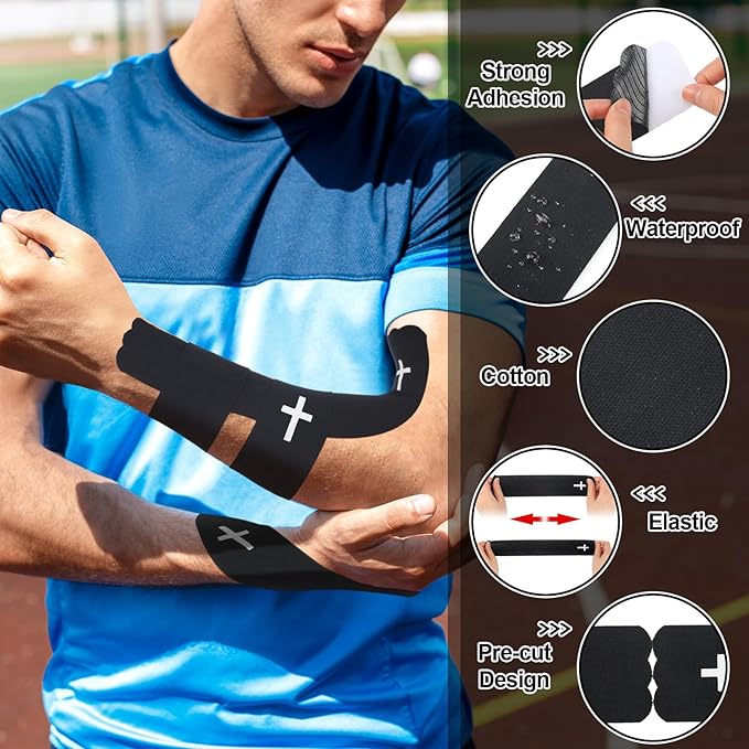 Geiserailie 4 Roll Christian Cross Kinesiology Tape, Each 20 Precut Strips 10" Per Strip Waterproof Religious Athletic Sports Tape Cotton Elastic Wraps for Fitness Running Tennis Swimming Football