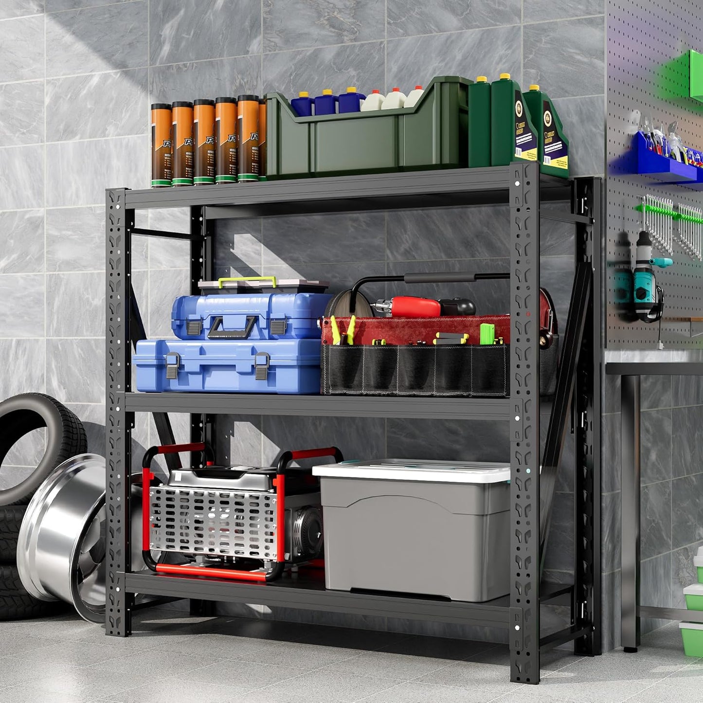 Garage Shelving Unit 1 Set Rustproof 50“W Heavy Duty Storage Shelves Easy Assembly 3 Tier Adjustable Metal Steel Utility Shelf Rack Garage Storage Organize for Tools Basement,Warehouse