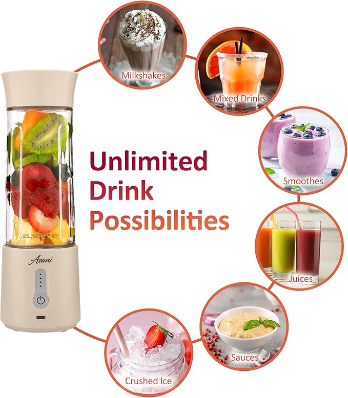 Asani Portable Blender for Shakes and Smoothies, USB Rechargeable Personal Blender, Mini Blender, Strong Stainless-Steel Blades, & Powerful Motor, For Travel, Camping, Gym (Milk White)