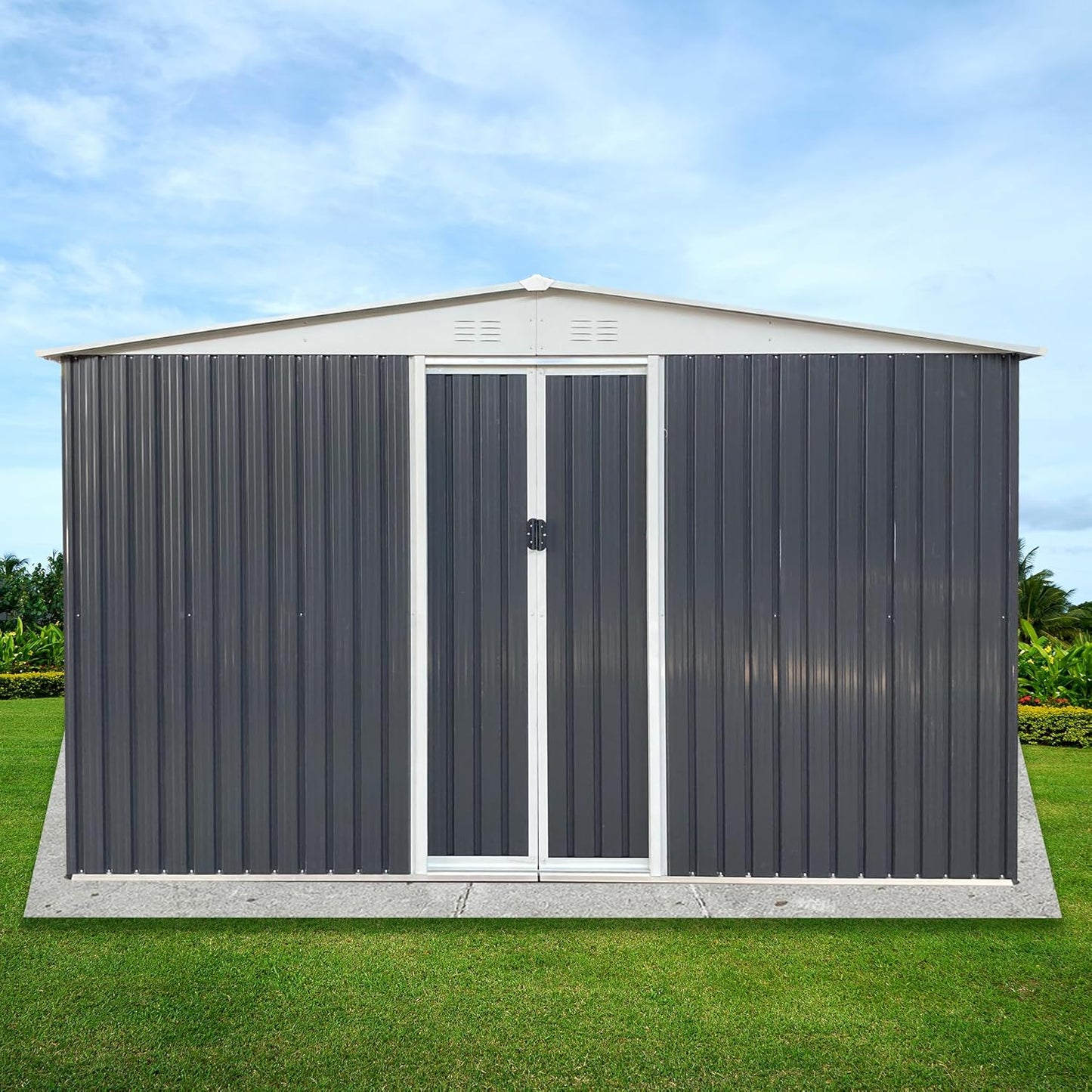 10x12 FT Outdoor Storage Shed, Large Metal Garden Shed with 4 Windows, Outside Tool Shed with Lockable Sliding Doors, Waterproof Storage Building with 4 Air Vents for Backyard, Patio, Lawn, Gray
