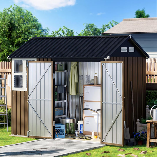 8X6FT Outdoor Steel Storage Shed with Lockable Doors, Frame Floor (No Wood/Other Boards),One Window,Ideal for Garden, Backyard, Patio Storage,Brown