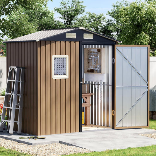 6x4 FT Outdoor Metal Storage Shed, Single Door, 1 Clear Window, Tool Shed for Garden, Patio, Backyard Brown