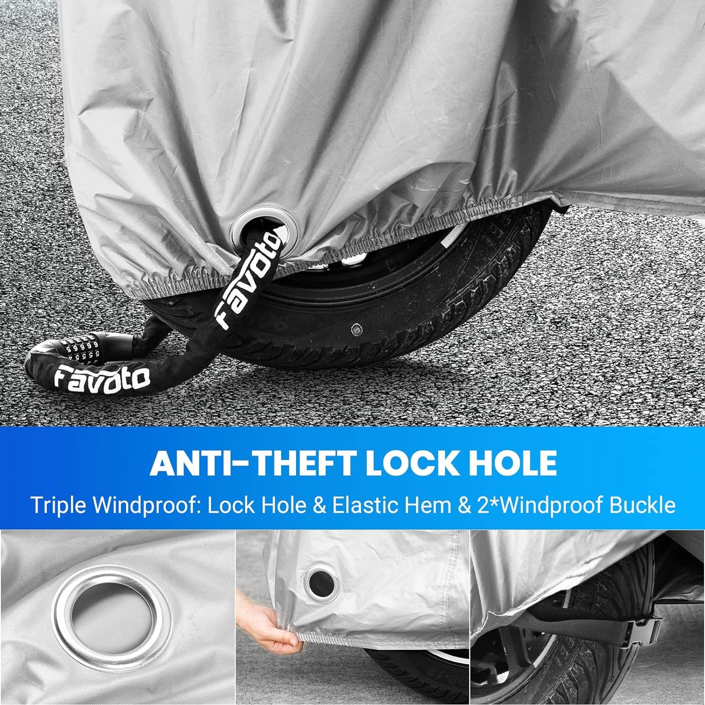 Favoto Motorcycle Cover Waterproof Outdoor - All Season Sun Protection with Lock-Holes Rain Snow Windproof Dustproof Universal Fit Motorbikes Vehicle Moped Cover, 96.5" x 41" x 50"