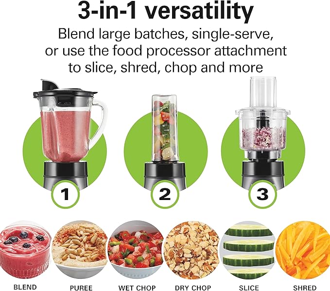 Hamilton Beach Blender and Food Processor Combo – 40oz Glass Jar, Portable Travel Cup, 3-Cup Electric Food Chopper, 700W – Gray/Black (58163)